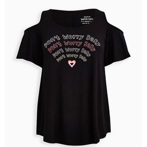 NEW Torrid 5 Super Soft Don’t Worry Black Cold Shoulder Tee